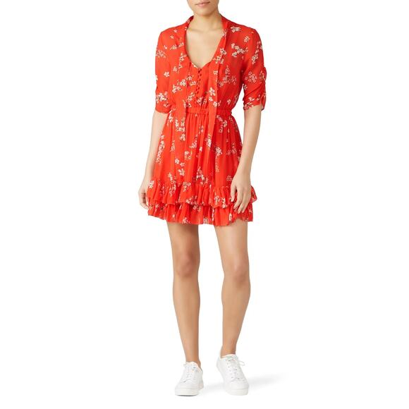 Nicholas Red Silk Floral Ruffle Mini Dress Size 6 Feminine Party Wedding Guest - Picture 1 of 12